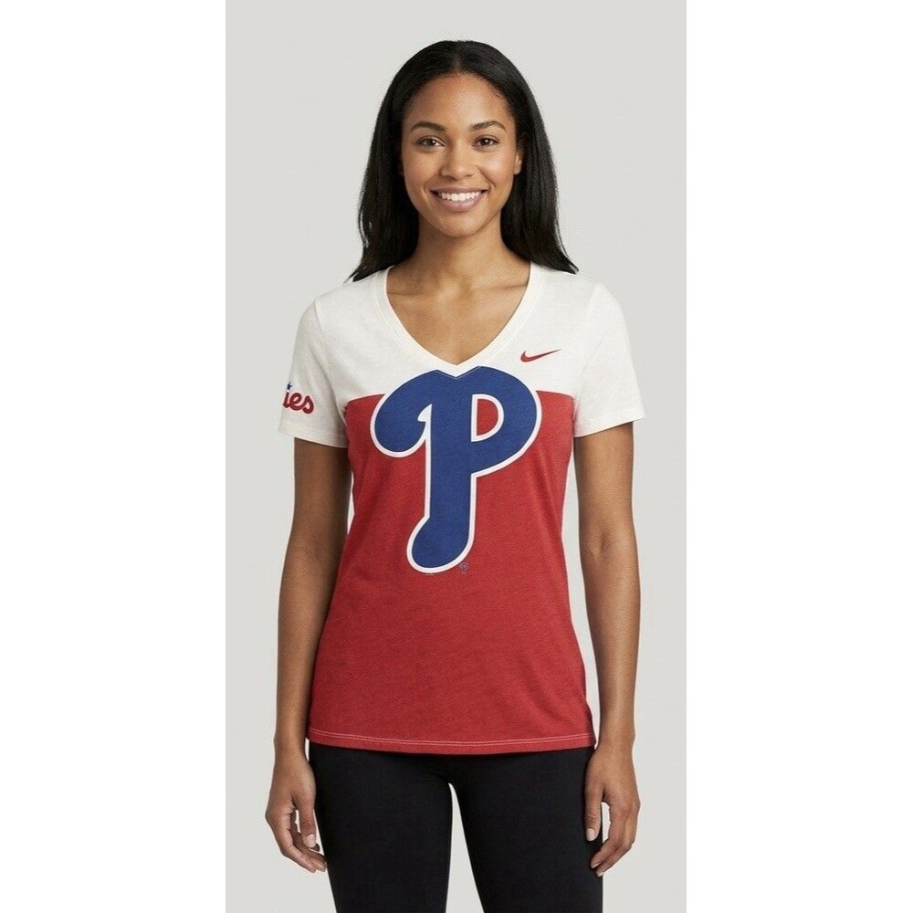 Nike Phillies MLB Women's V-Neck Tee Soft Tri-Blend Colorblock Shirt Red Size S